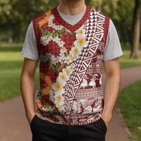 Hawaiian Plumeria Lei Christmas Knitted V-Neck Vest Kakau Motifs and Palaka Half Style Red Color LT03 - Polynesian Pride