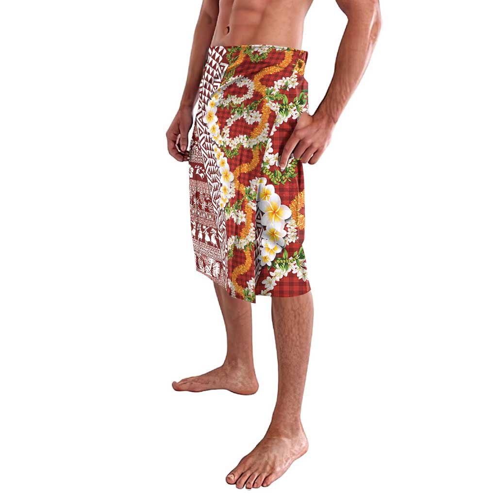 Hawaiian Plumeria Lei Lavalava Kakau Motifs and Palaka Half Style Red Color - Polynesian Pride