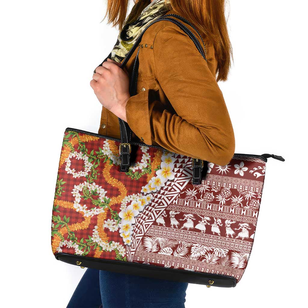 Hawaiian Plumeria Lei Leather Tote Bag Kakau Motifs and Palaka Half Style Red Color - Polynesian Pride