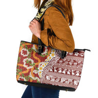 Hawaiian Plumeria Lei Leather Tote Bag Kakau Motifs and Palaka Half Style Red Color - Polynesian Pride
