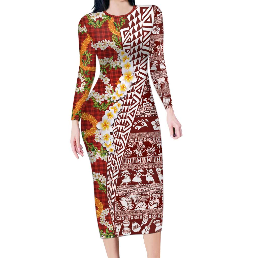 Hawaiian Plumeria Lei Long Sleeve Bodycon Dress Kakau Motifs and Palaka Half Style Red Color LT03 Long Dress Red - Polynesian Pride