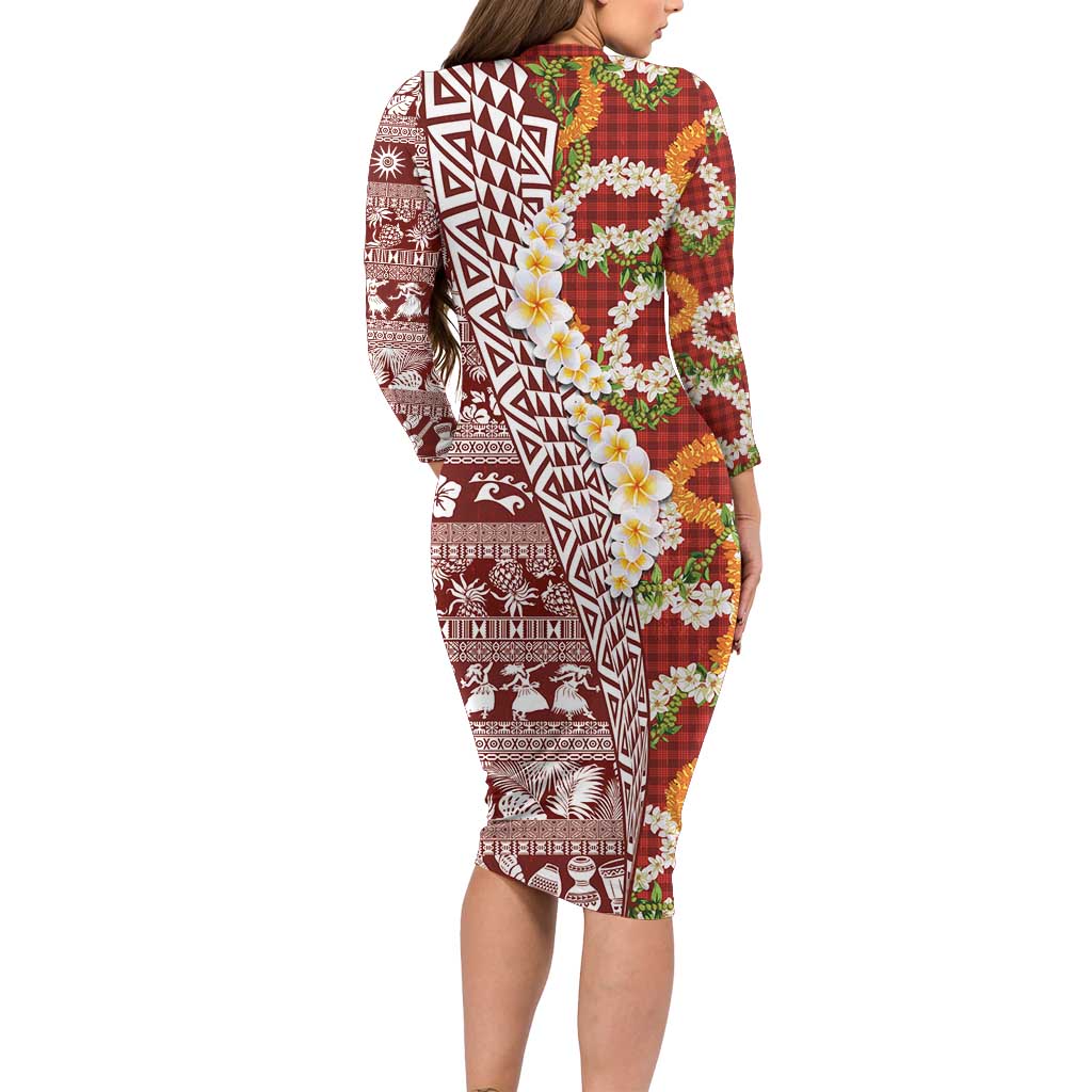 Hawaiian Plumeria Lei Long Sleeve Bodycon Dress Kakau Motifs and Palaka Half Style Red Color LT03 - Polynesian Pride
