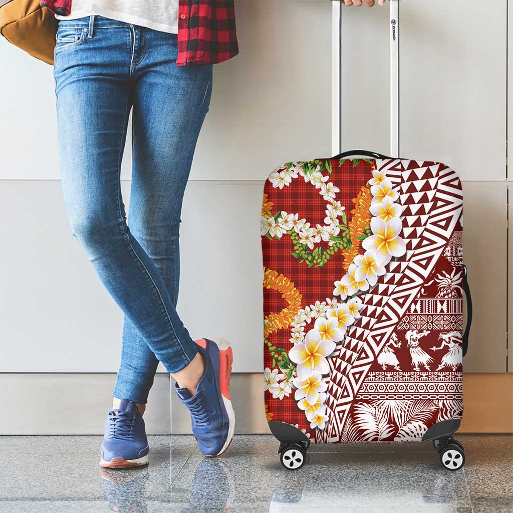 Hawaiian Plumeria Lei Luggage Cover Kakau Motifs and Palaka Half Style Red Color - Polynesian Pride