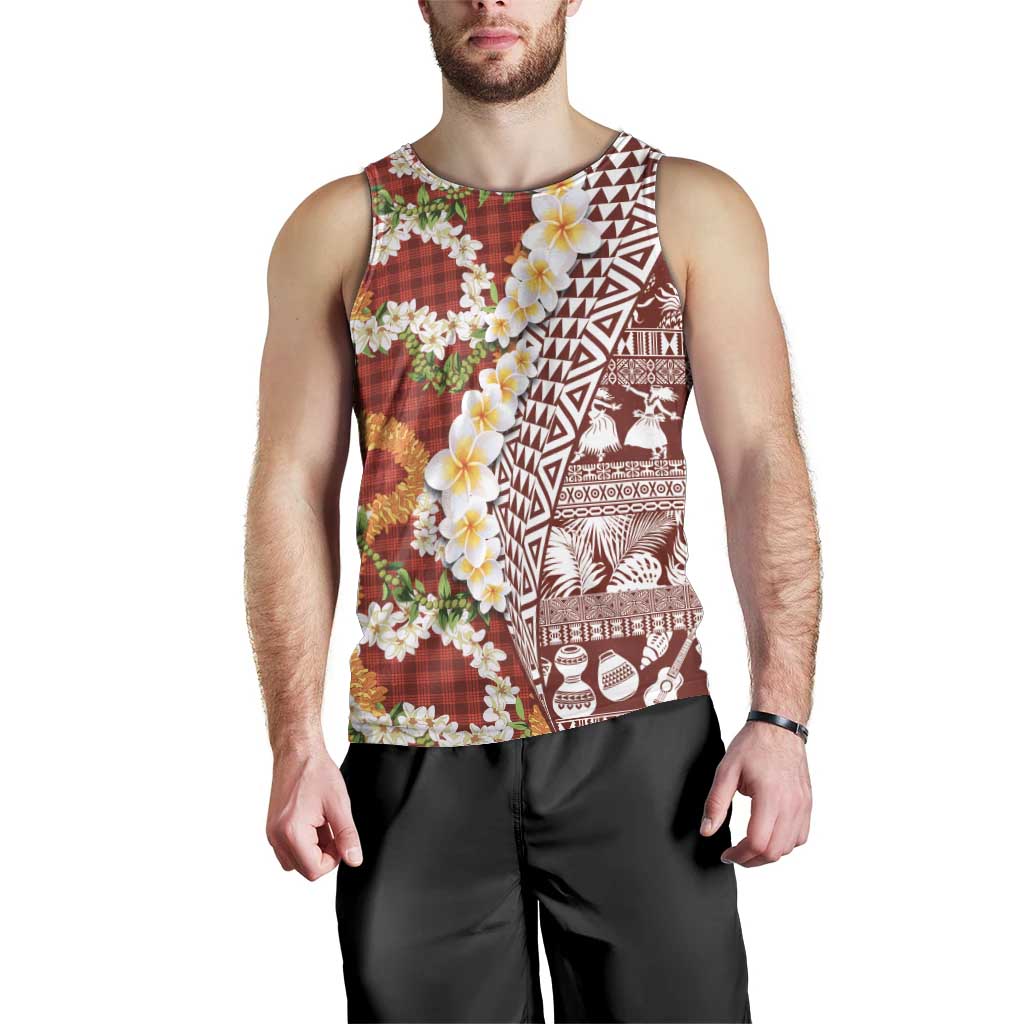 Hawaiian Plumeria Lei Men Tank Top Kakau Motifs and Palaka Half Style Red Color - Polynesian Pride