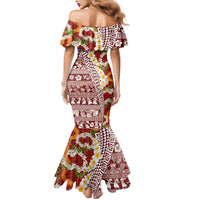 Hawaiian Plumeria Lei Mermaid Dress Kakau Motifs and Palaka Half Style Red Color - Polynesian Pride