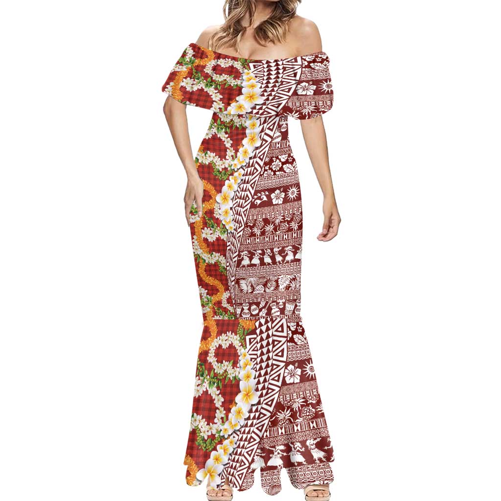 Hawaiian Plumeria Lei Mermaid Dress Kakau Motifs and Palaka Half Style Red Color - Polynesian Pride