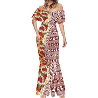 Hawaiian Plumeria Lei Mermaid Dress Kakau Motifs and Palaka Half Style Red Color - Polynesian Pride