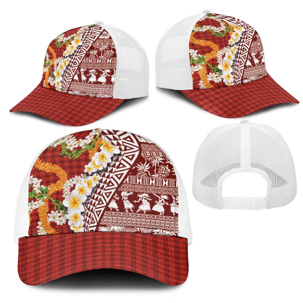 Hawaiian Plumeria Lei Mesh Trucker Cap Kakau Motifs and Palaka Half Style Red Color - Polynesian Pride