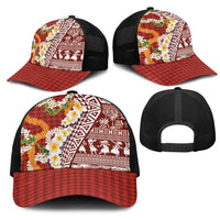 Hawaiian Plumeria Lei Mesh Trucker Cap Kakau Motifs and Palaka Half Style Red Color - Polynesian Pride
