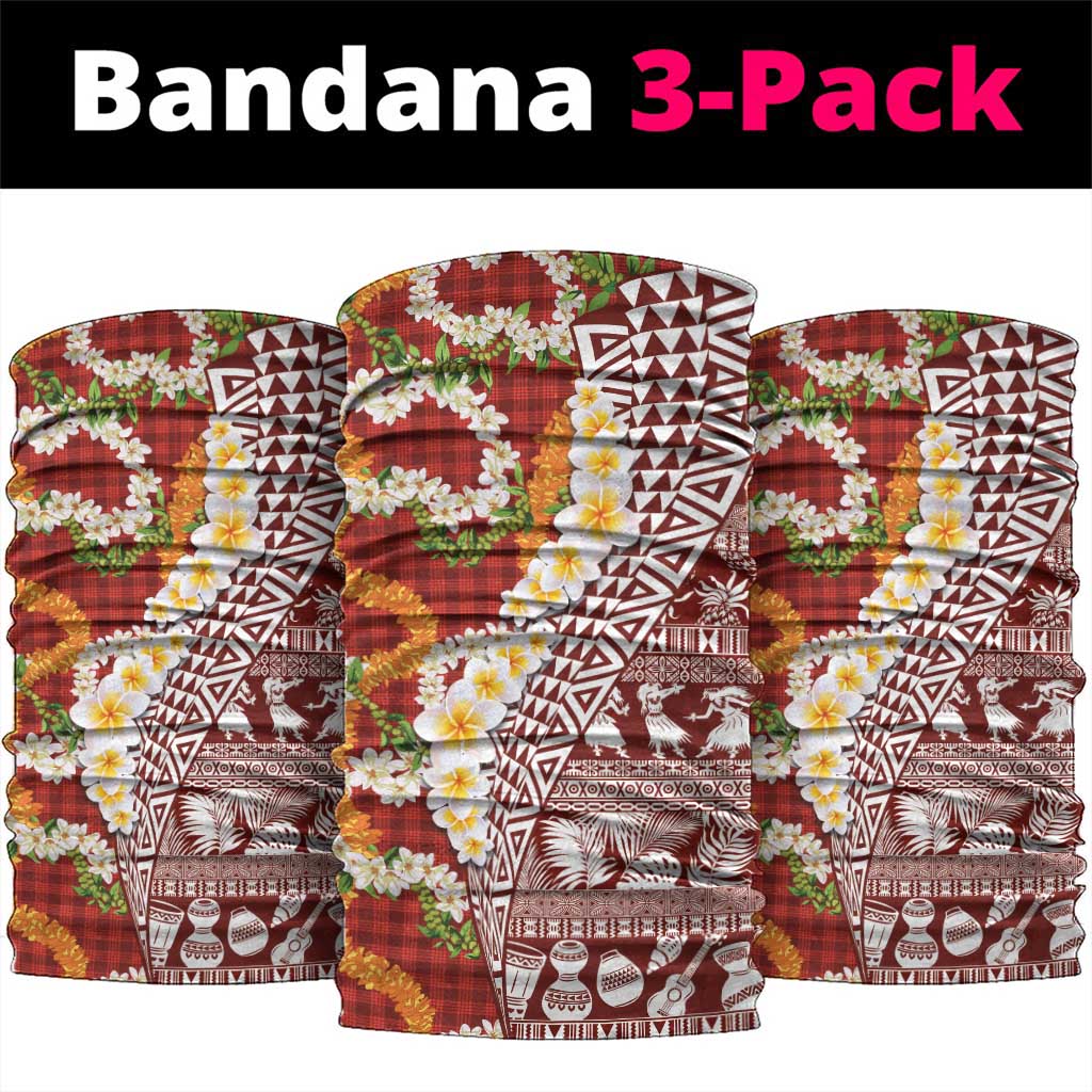 Hawaiian Plumeria Lei Neck Gaiter Kakau Motifs and Palaka Half Style Red Color - Polynesian Pride
