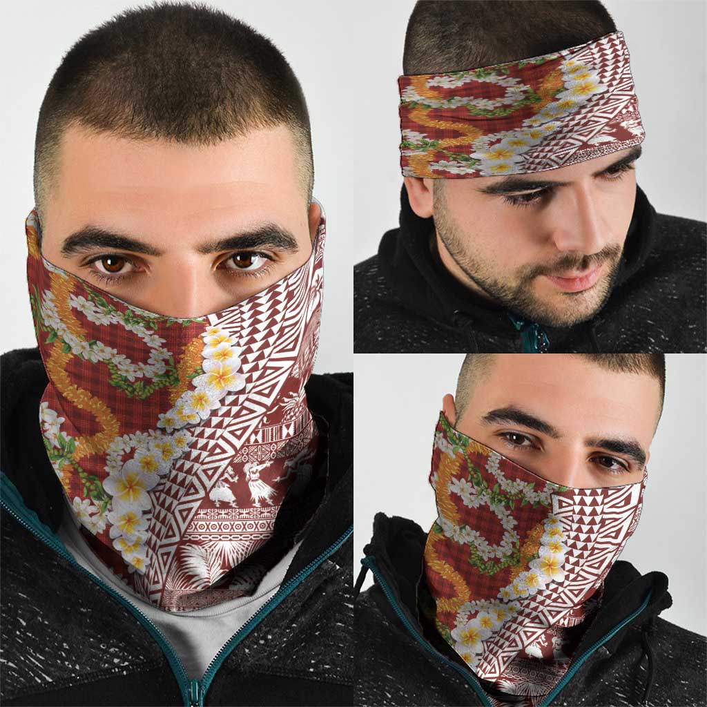 Hawaiian Plumeria Lei Neck Gaiter Kakau Motifs and Palaka Half Style Red Color - Polynesian Pride