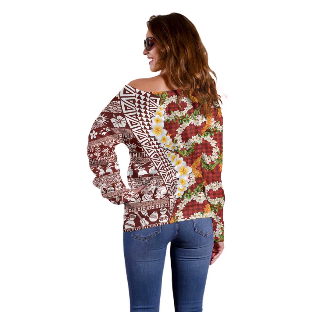 Hawaiian Plumeria Lei Off Shoulder Sweater Kakau Motifs and Palaka Half Style Red Color - Polynesian Pride