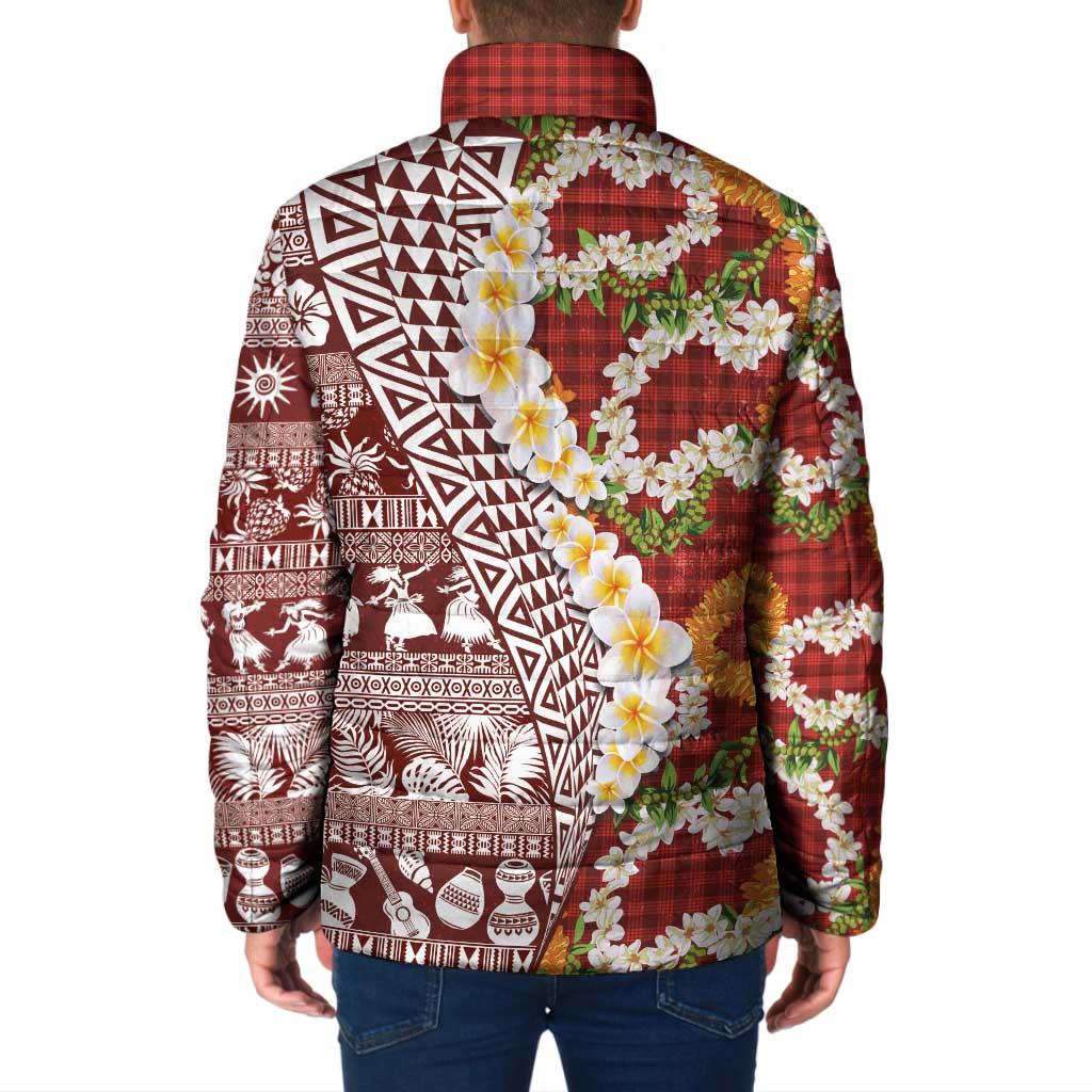 Hawaiian Plumeria Lei Padded Jacket Kakau Motifs and Palaka Half Style Red Color - Polynesian Pride