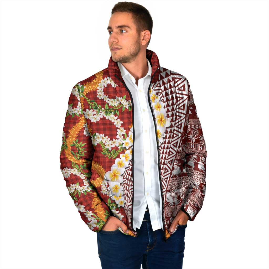 Hawaiian Plumeria Lei Padded Jacket Kakau Motifs and Palaka Half Style Red Color - Polynesian Pride