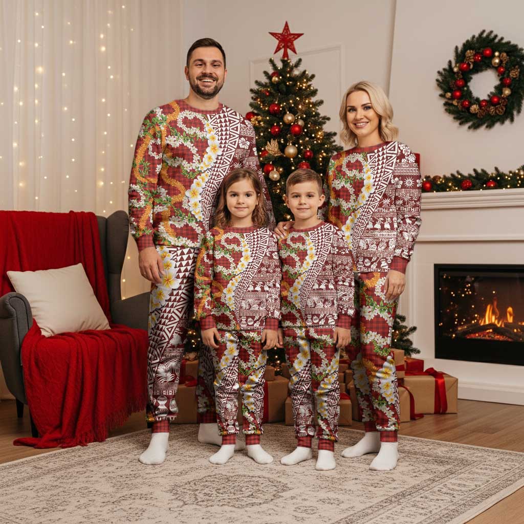 Hawaiian Plumeria Lei Christmas Pajama Set Kakau Motifs and Palaka Half Style Red Color - Polynesian Pride