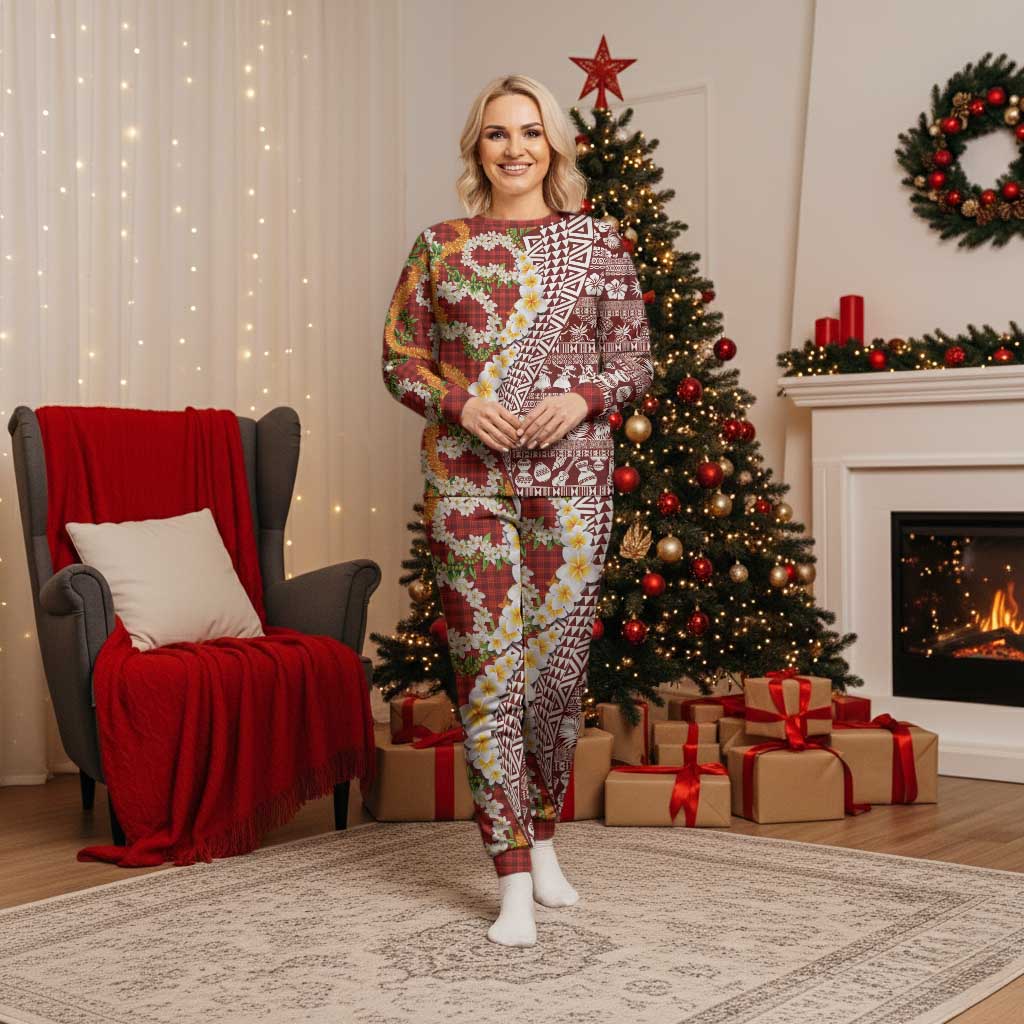 Hawaiian Plumeria Lei Christmas Pajama Set Kakau Motifs and Palaka Half Style Red Color - Polynesian Pride