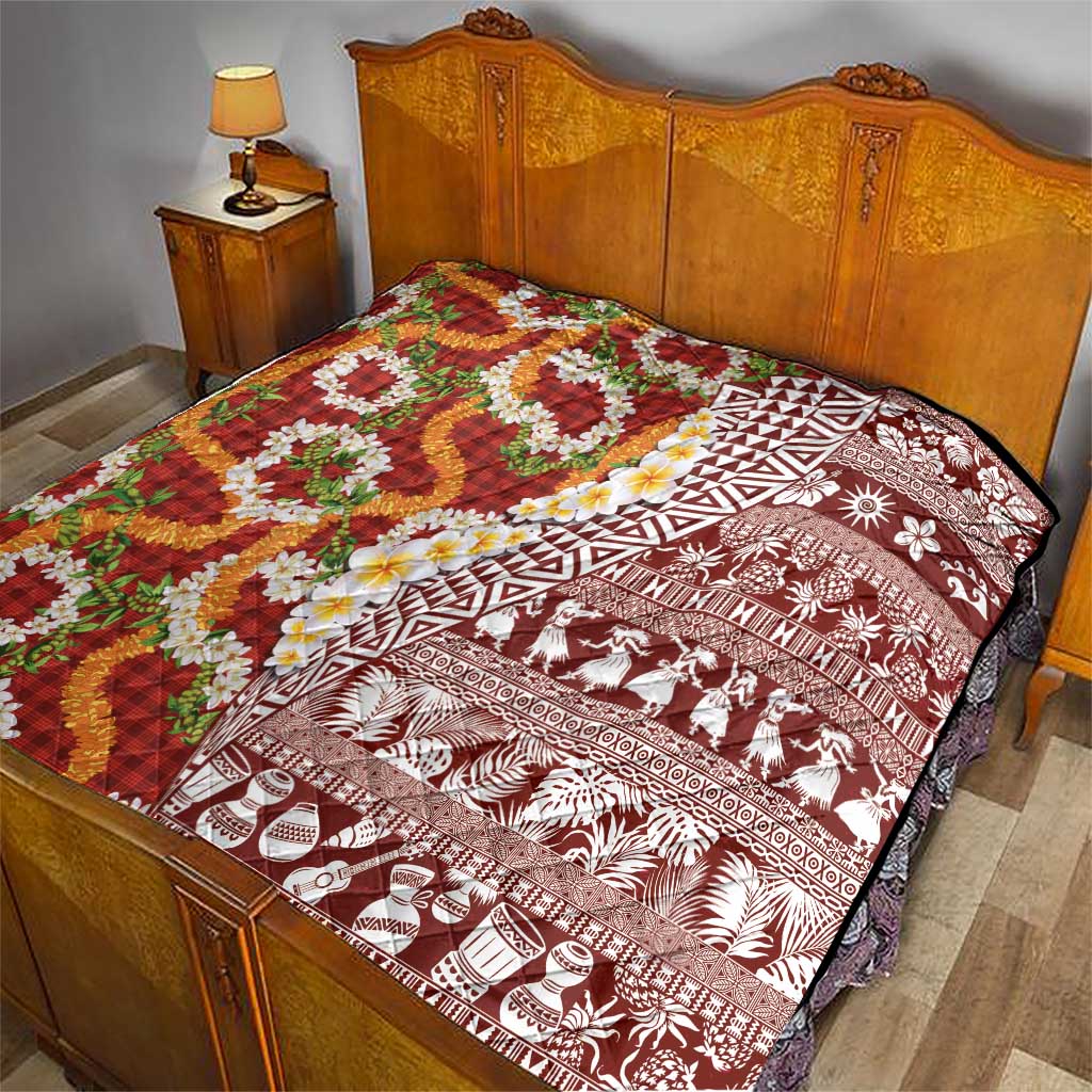 Hawaiian Plumeria Lei Quilt Kakau Motifs and Palaka Half Style Red Color LT03 - Polynesian Pride