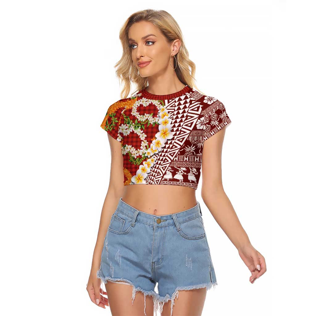 Hawaiian Plumeria Lei Raglan Cropped T Shirt Kakau Motifs and Palaka Half Style Red Color LT03 Female Red - Polynesian Pride