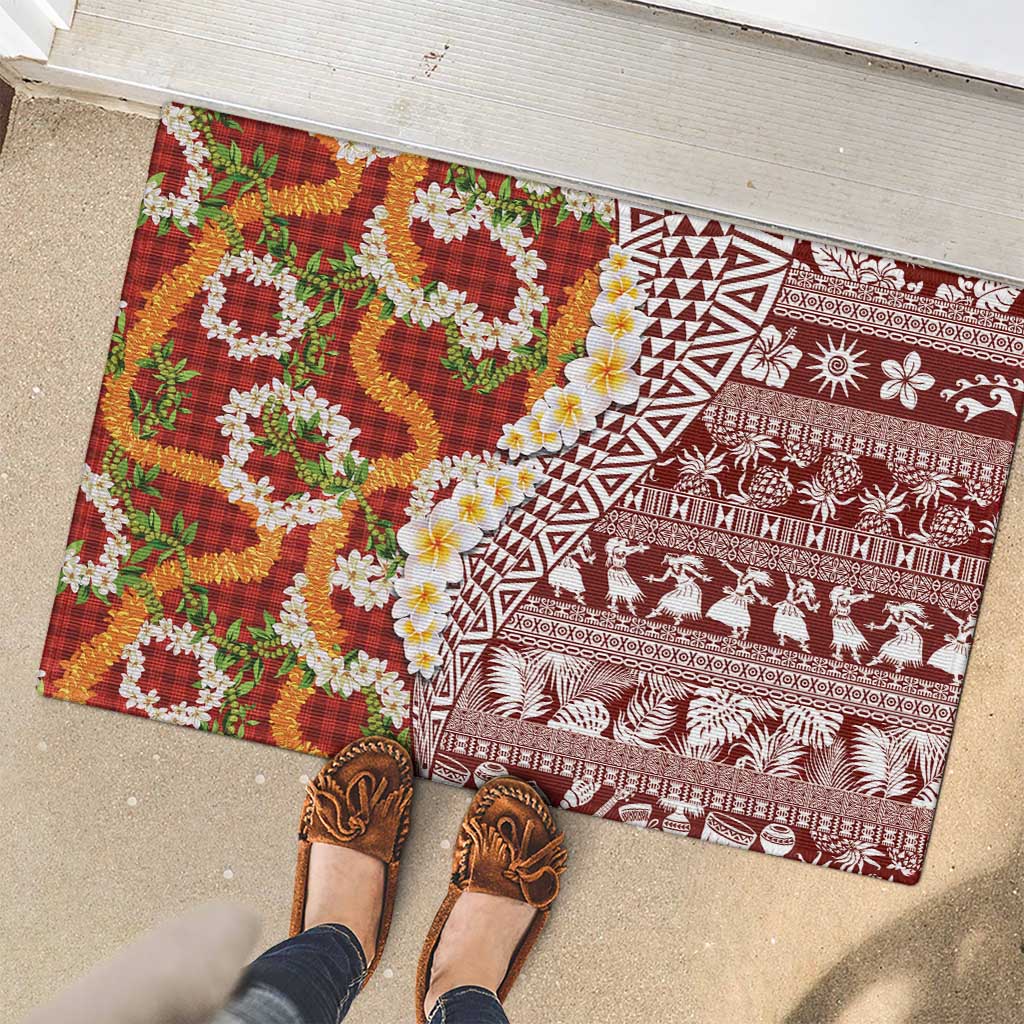 Hawaiian Plumeria Lei Rubber Doormat Kakau Motifs and Palaka Half Style Red Color - Polynesian Pride