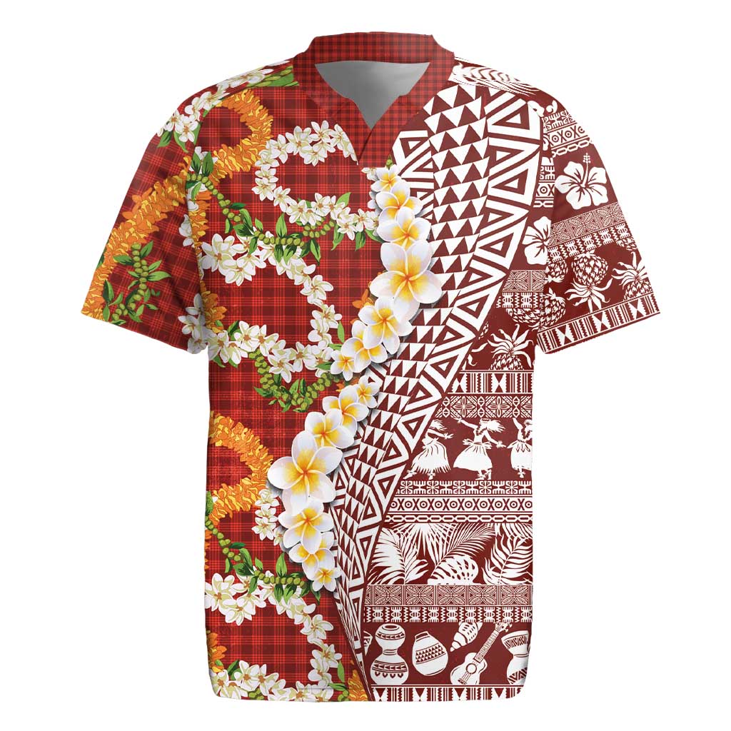 Hawaiian Plumeria Lei Rugby Jersey Kakau Motifs and Palaka Half Style Red Color - Polynesian Pride