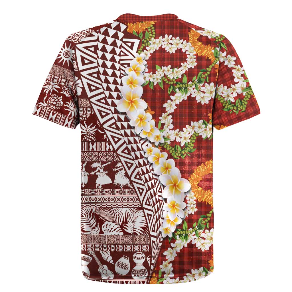 Hawaiian Plumeria Lei Rugby Jersey Kakau Motifs and Palaka Half Style Red Color - Polynesian Pride