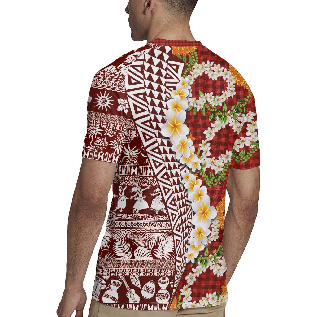 Hawaiian Plumeria Lei Rugby Jersey Kakau Motifs and Palaka Half Style Red Color - Polynesian Pride