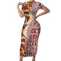 Hawaiian Plumeria Lei Short Sleeve Bodycon Dress Kakau Motifs and Palaka Half Style Red Color LT03 Long Dress Red - Polynesian Pride