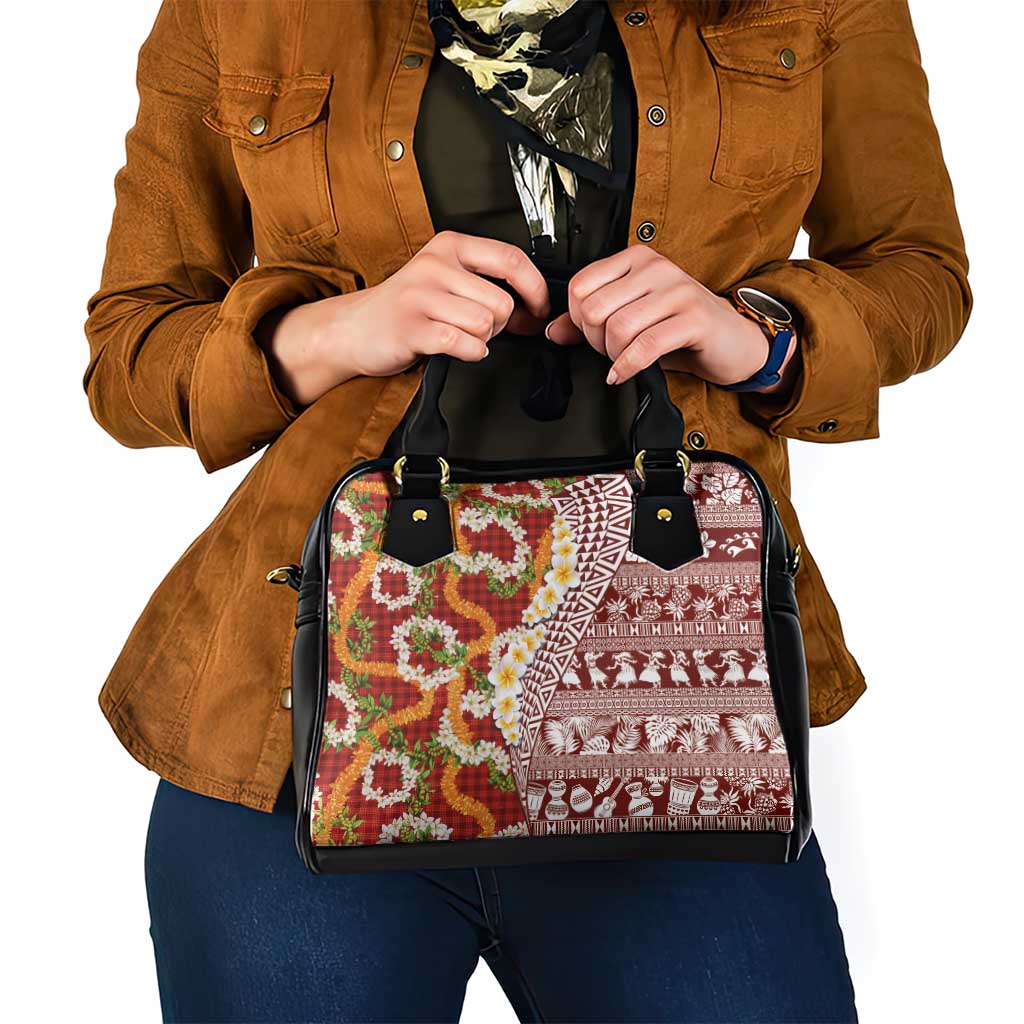 Hawaiian Plumeria Lei Shoulder Handbag Kakau Motifs and Palaka Half Style Red Color - Polynesian Pride