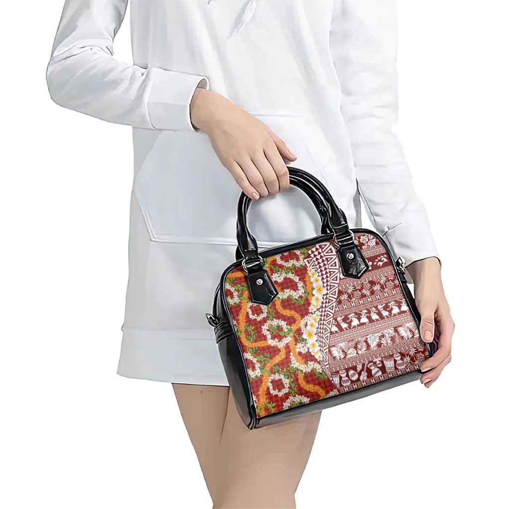 Hawaiian Plumeria Lei Shoulder Handbag Kakau Motifs and Palaka Half Style Red Color - Polynesian Pride