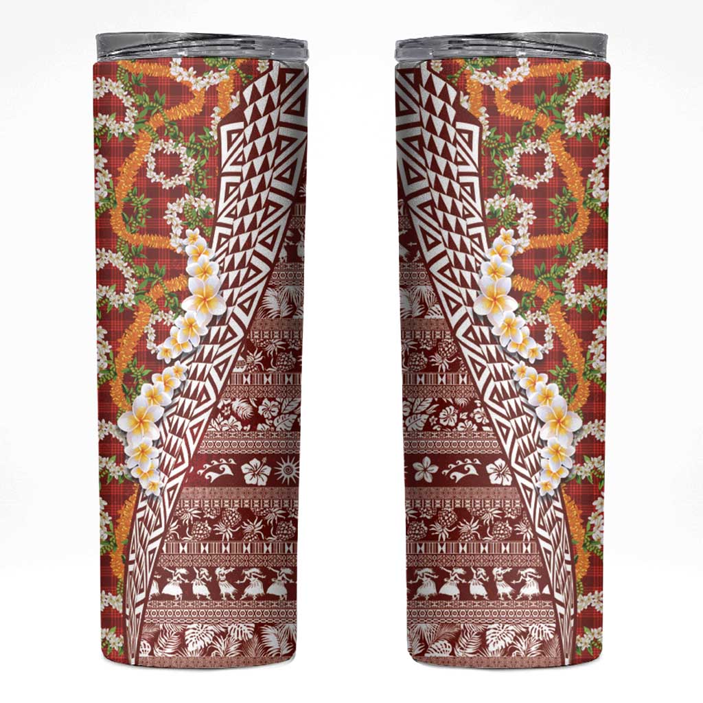 Hawaiian Plumeria Lei Skinny Tumbler Kakau Motifs and Palaka Half Style Red Color LT03 Red - Polynesian Pride