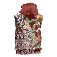 Hawaiian Plumeria Lei Sleeveless Zip Hoodie Kakau Motifs and Palaka Half Style Red Color LT03 - Polynesian Pride