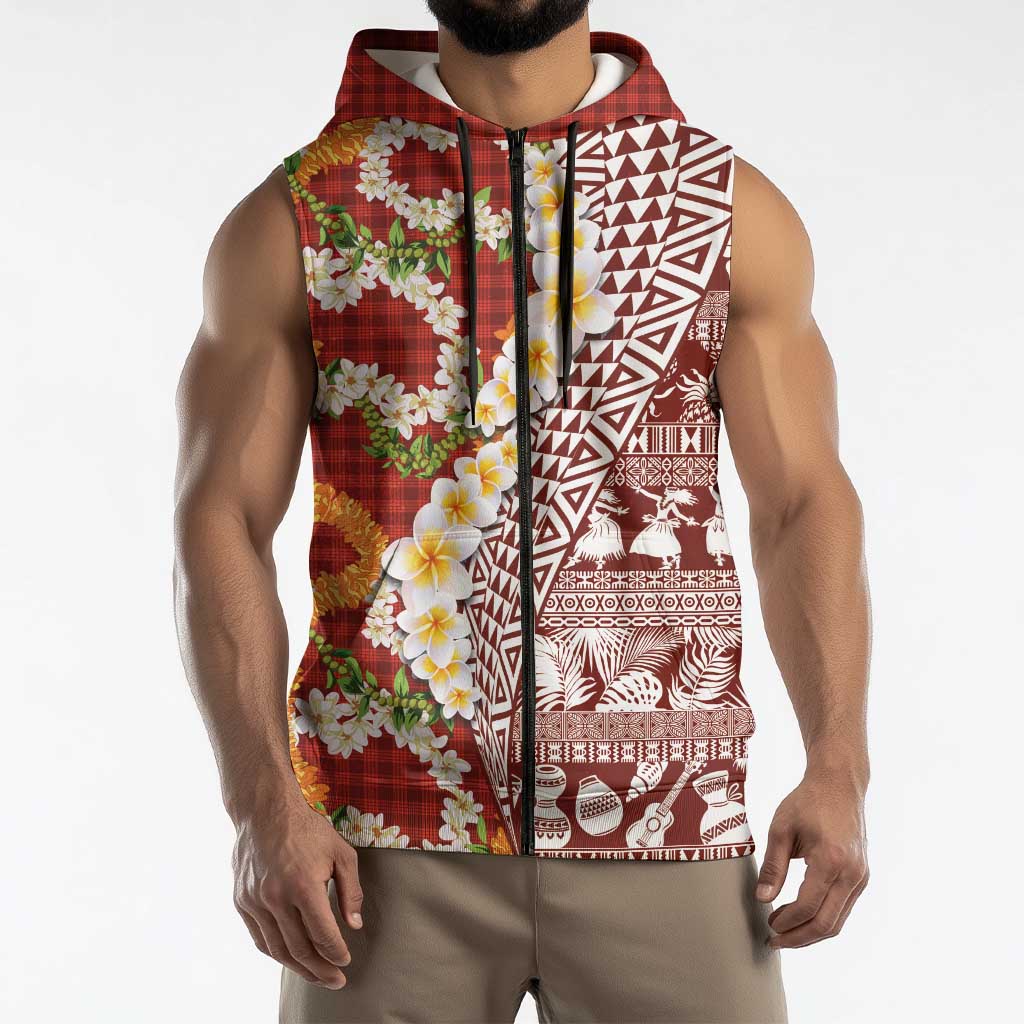 Hawaiian Plumeria Lei Sleeveless Zip Hoodie Kakau Motifs and Palaka Half Style Red Color LT03 - Polynesian Pride