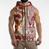 Hawaiian Plumeria Lei Sleeveless Zip Hoodie Kakau Motifs and Palaka Half Style Red Color LT03 - Polynesian Pride