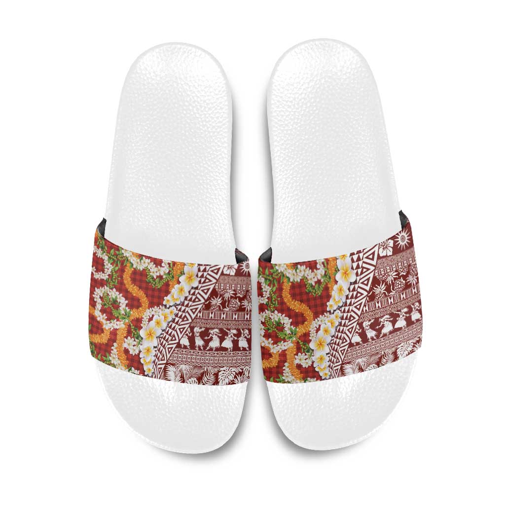 Hawaiian Plumeria Lei Slide Sandals Kakau Motifs and Palaka Half Style Red Color - Polynesian Pride