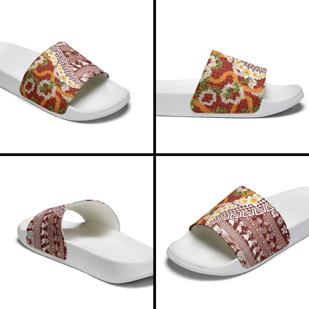 Hawaiian Plumeria Lei Slide Sandals Kakau Motifs and Palaka Half Style Red Color - Polynesian Pride