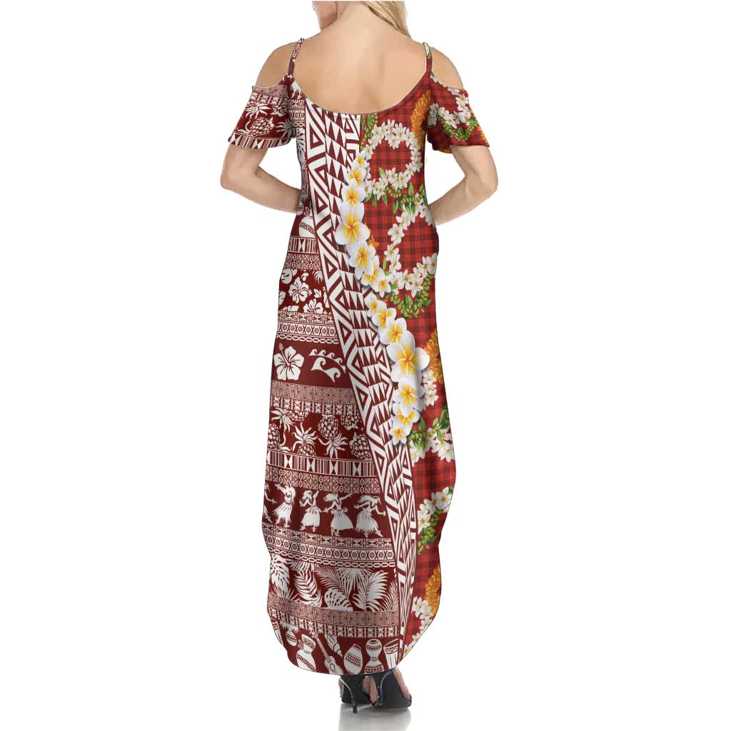 Hawaiian Plumeria Lei Summer Maxi Dress Kakau Motifs and Palaka Half Style Red Color - Polynesian Pride