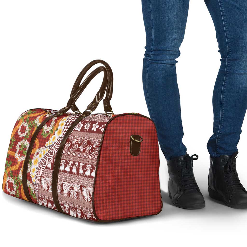 Hawaiian Plumeria Lei Travel Bag Kakau Motifs and Palaka Half Style Red Color - Polynesian Pride