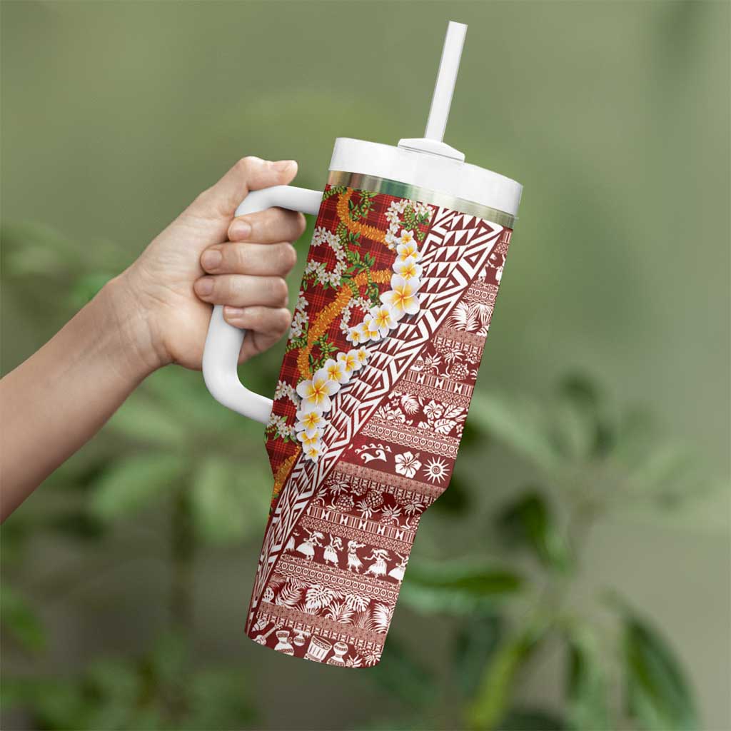 Hawaiian Plumeria Lei Tumbler With Handle Kakau Motifs and Palaka Half Style Red Color - Polynesian Pride