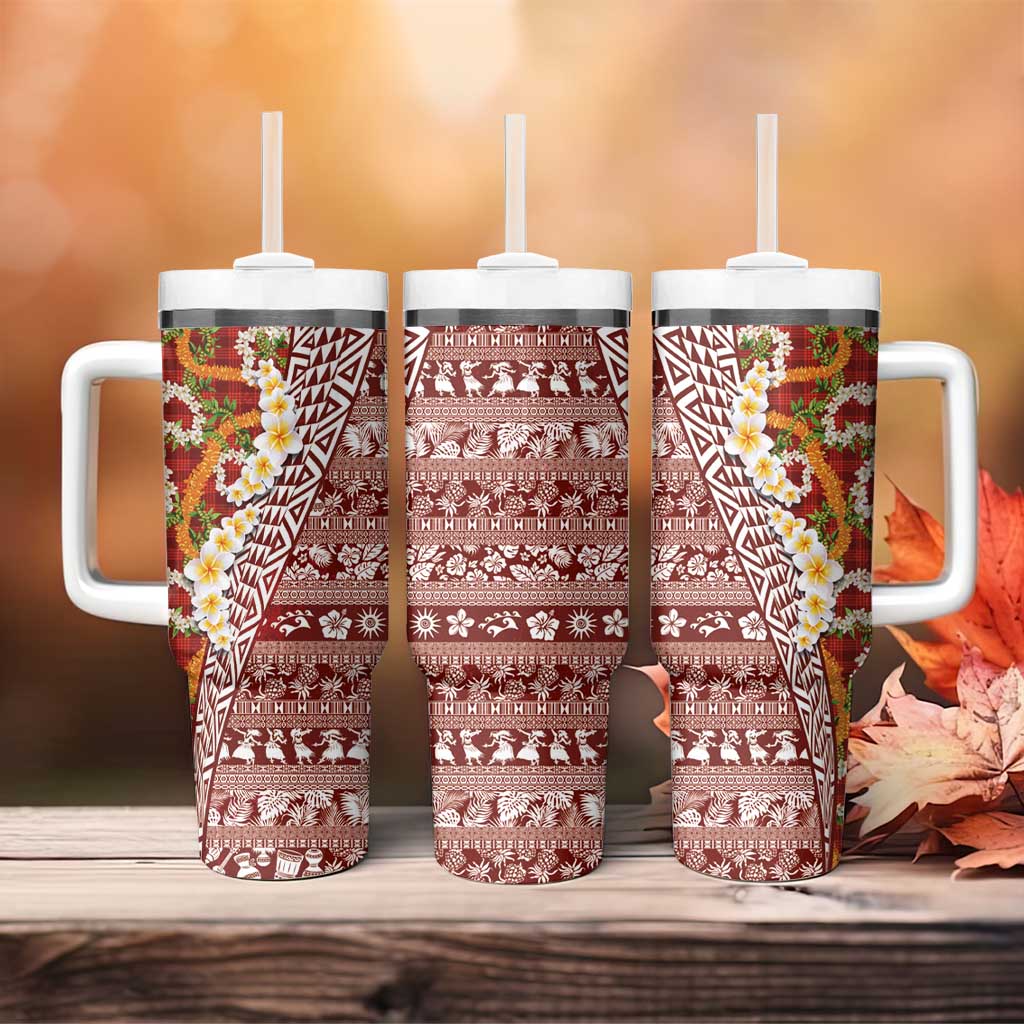 Hawaiian Plumeria Lei Tumbler With Handle Kakau Motifs and Palaka Half Style Red Color - Polynesian Pride