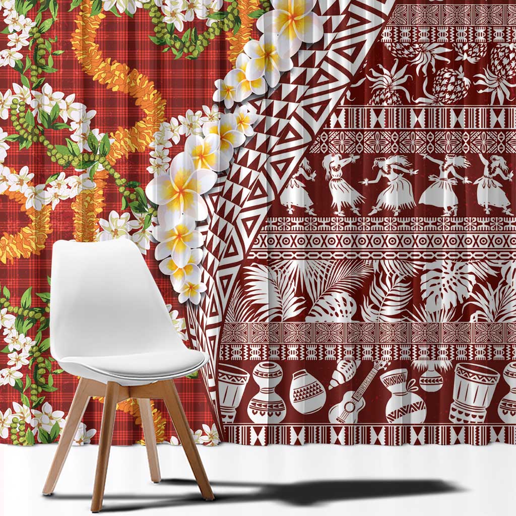 Hawaiian Plumeria Lei Window Curtain Kakau Motifs and Palaka Half Style Red Color - Polynesian Pride