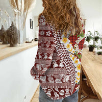 Hawaiian Plumeria Lei Women Casual Shirt Kakau Motifs and Palaka Half Style Red Color LT03 - Polynesian Pride