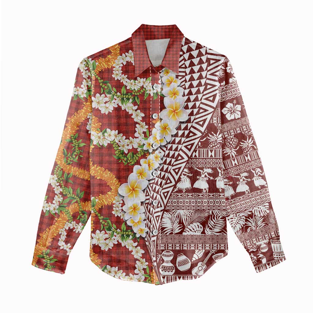 Hawaiian Plumeria Lei Women Casual Shirt Kakau Motifs and Palaka Half Style Red Color LT03 - Polynesian Pride