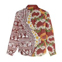Hawaiian Plumeria Lei Women Casual Shirt Kakau Motifs and Palaka Half Style Red Color LT03 - Polynesian Pride