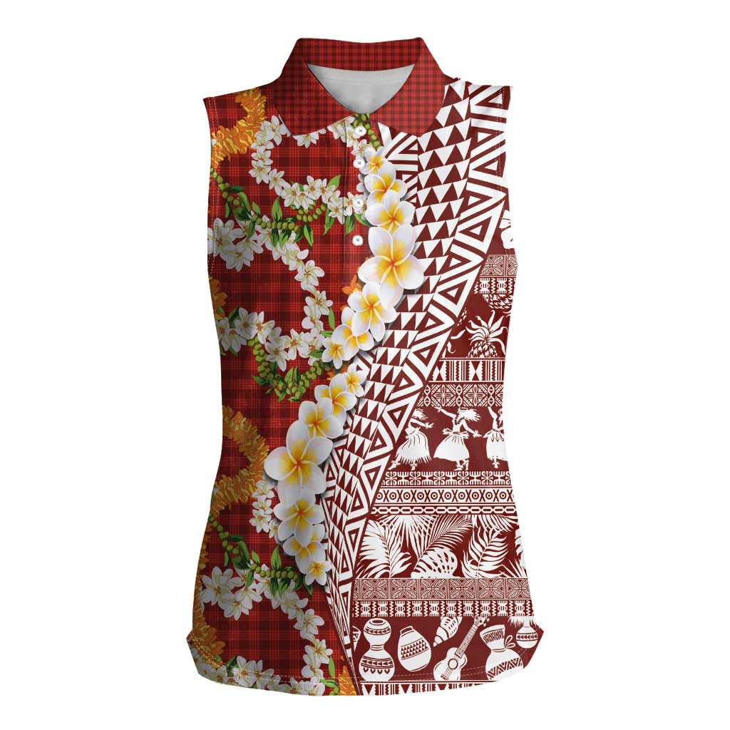 Hawaiian Plumeria Lei Women Sleeveless Polo Shirt Kakau Motifs and Palaka Half Style Red Color LT03 Female Red - Polynesian Pride