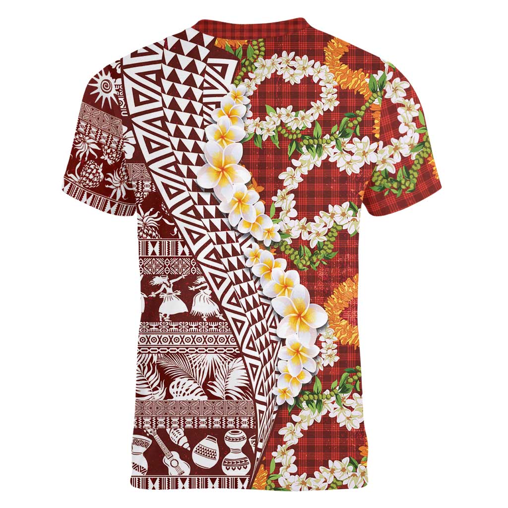 Hawaiian Plumeria Lei Women V-Neck T-Shirt Kakau Motifs and Palaka Half Style Red Color LT03 - Polynesian Pride