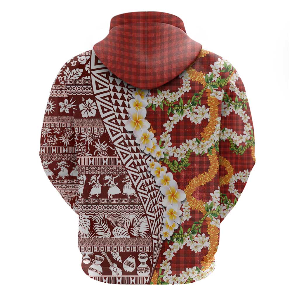 Hawaiian Plumeria Lei Zip Hoodie Kakau Motifs and Palaka Half Style Red Color - Polynesian Pride