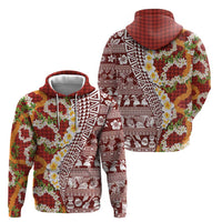 Hawaiian Plumeria Lei Zip Hoodie Kakau Motifs and Palaka Half Style Red Color - Polynesian Pride