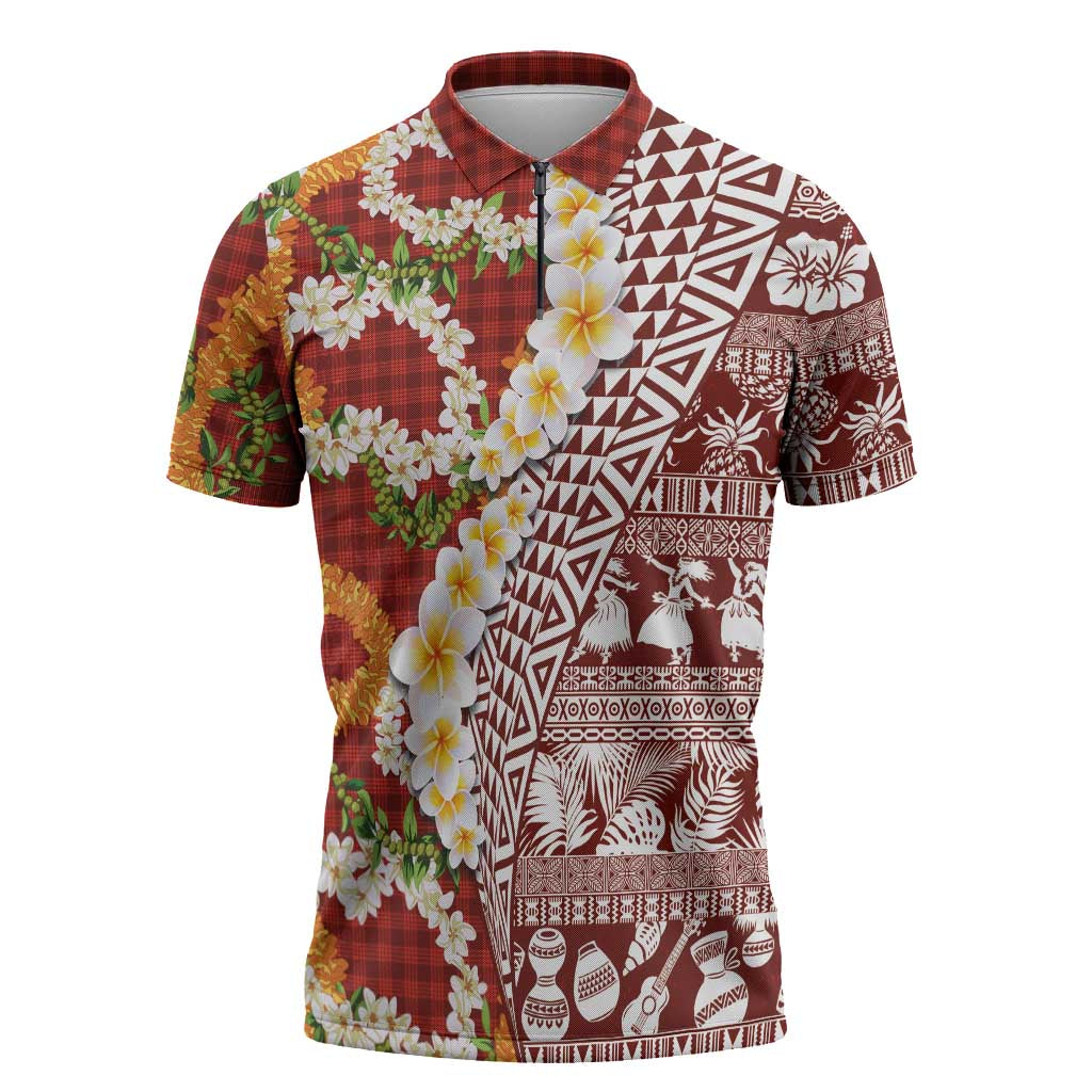 Hawaiian Plumeria Lei Zipper Polo Shirt Kakau Motifs and Palaka Half Style Red Color - Polynesian Pride