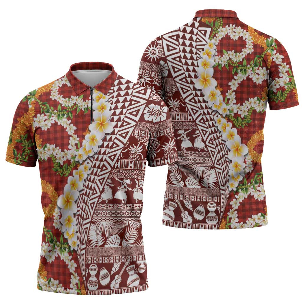 Hawaiian Plumeria Lei Zipper Polo Shirt Kakau Motifs and Palaka Half Style Red Color - Polynesian Pride