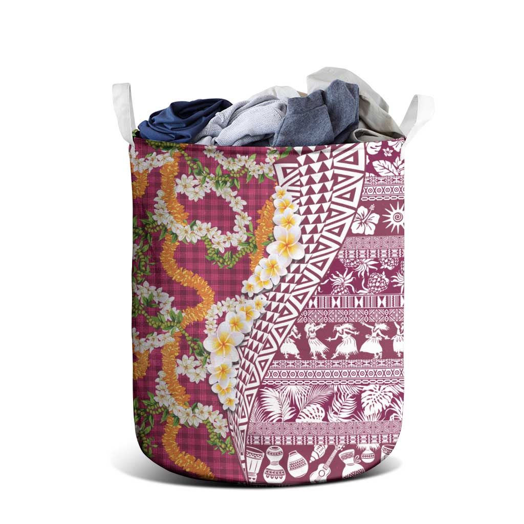 Hawaiian Plumeria Lei Laundry Basket Kakau Motifs and Palaka Half Style Pink Color - Polynesian Pride